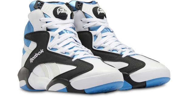 White, black, and blue Shaq Attaq shoes.